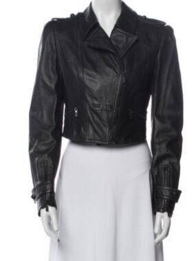 Jason Wu Black Cropped Leather Moto Jacket with Epaulets
